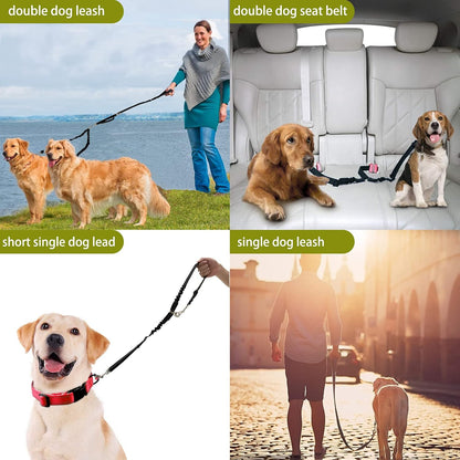 360° No Tangle Double Dog Leash, 2-In-1 Bungee Seatbelt Leash | 360°Tangle Free Coupler, Dual Padded Handles, Shock Bungee Buffer,Adjustable Fits M & L Dogs for Walking & Car Travel