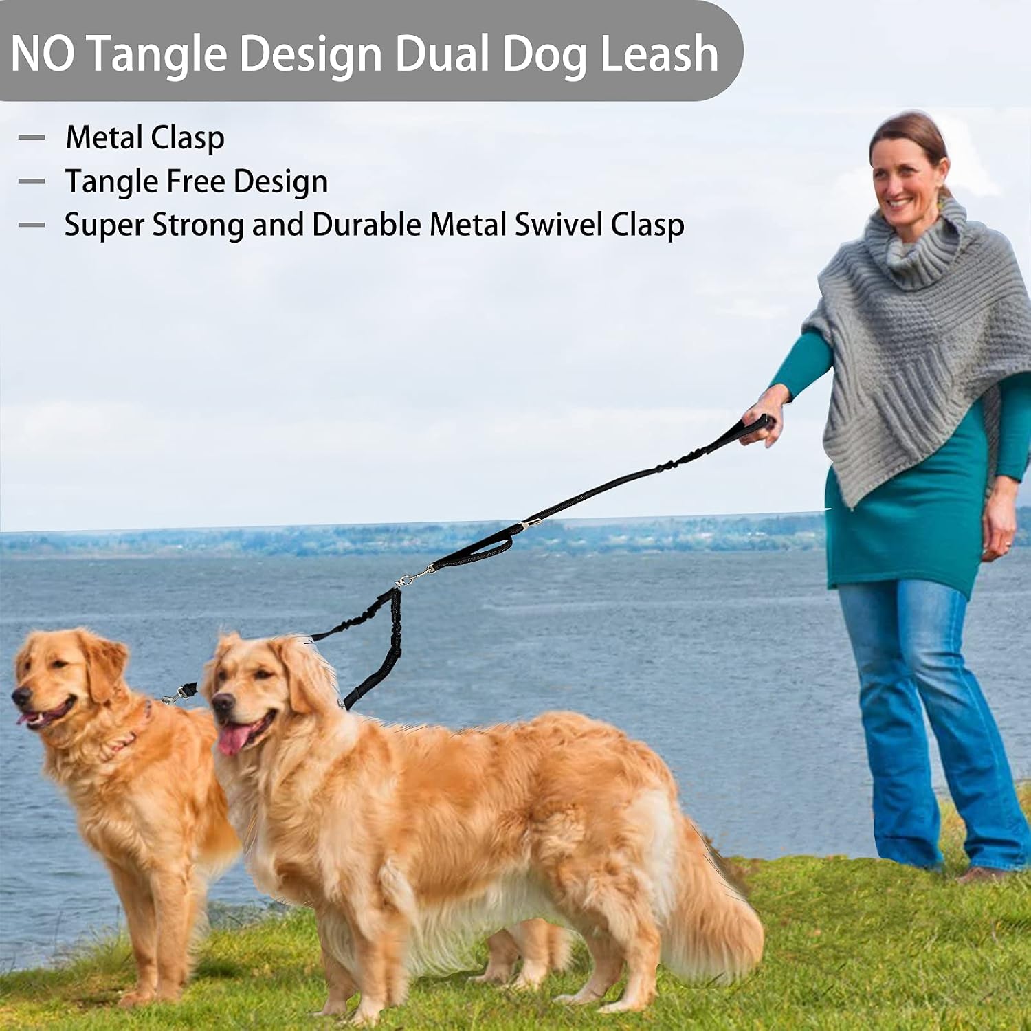 360° No Tangle Double Dog Leash, 2-In-1 Bungee Seatbelt Leash | 360°Tangle Free Coupler, Dual Padded Handles, Shock Bungee Buffer,Adjustable Fits M & L Dogs for Walking & Car Travel