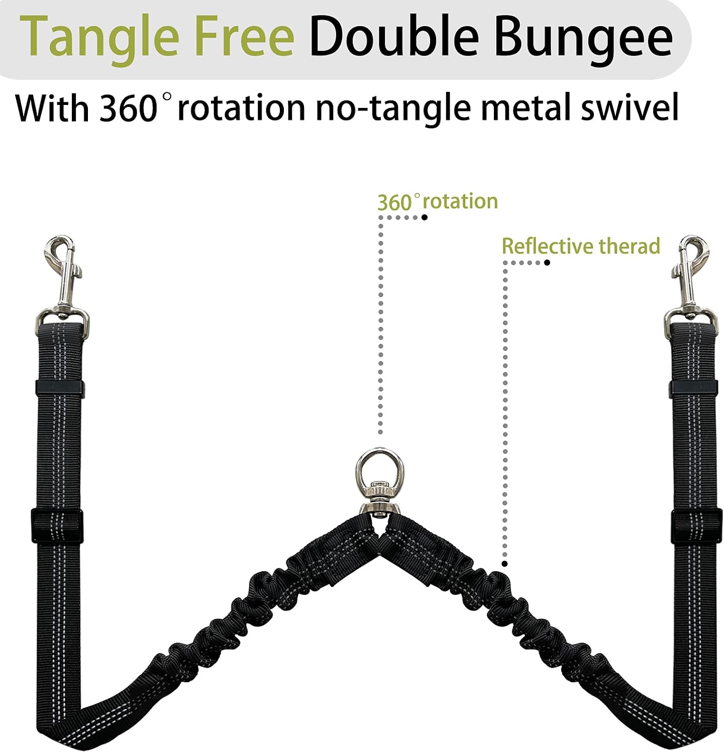 360° No Tangle Double Dog Leash, 2-In-1 Bungee Seatbelt Leash | 360°Tangle Free Coupler, Dual Padded Handles, Shock Bungee Buffer,Adjustable Fits M & L Dogs for Walking & Car Travel