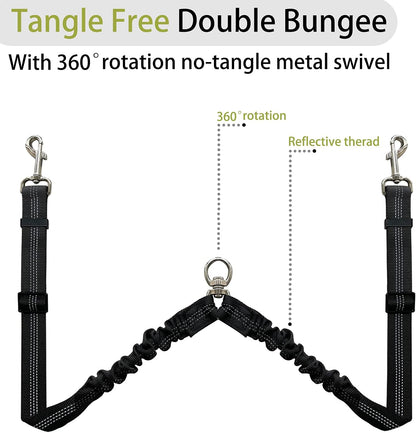 360° No Tangle Double Dog Leash, 2-In-1 Bungee Seatbelt Leash | 360°Tangle Free Coupler, Dual Padded Handles, Shock Bungee Buffer,Adjustable Fits M & L Dogs for Walking & Car Travel