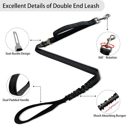 360° No Tangle Double Dog Leash, 2-In-1 Bungee Seatbelt Leash | 360°Tangle Free Coupler, Dual Padded Handles, Shock Bungee Buffer,Adjustable Fits M & L Dogs for Walking & Car Travel