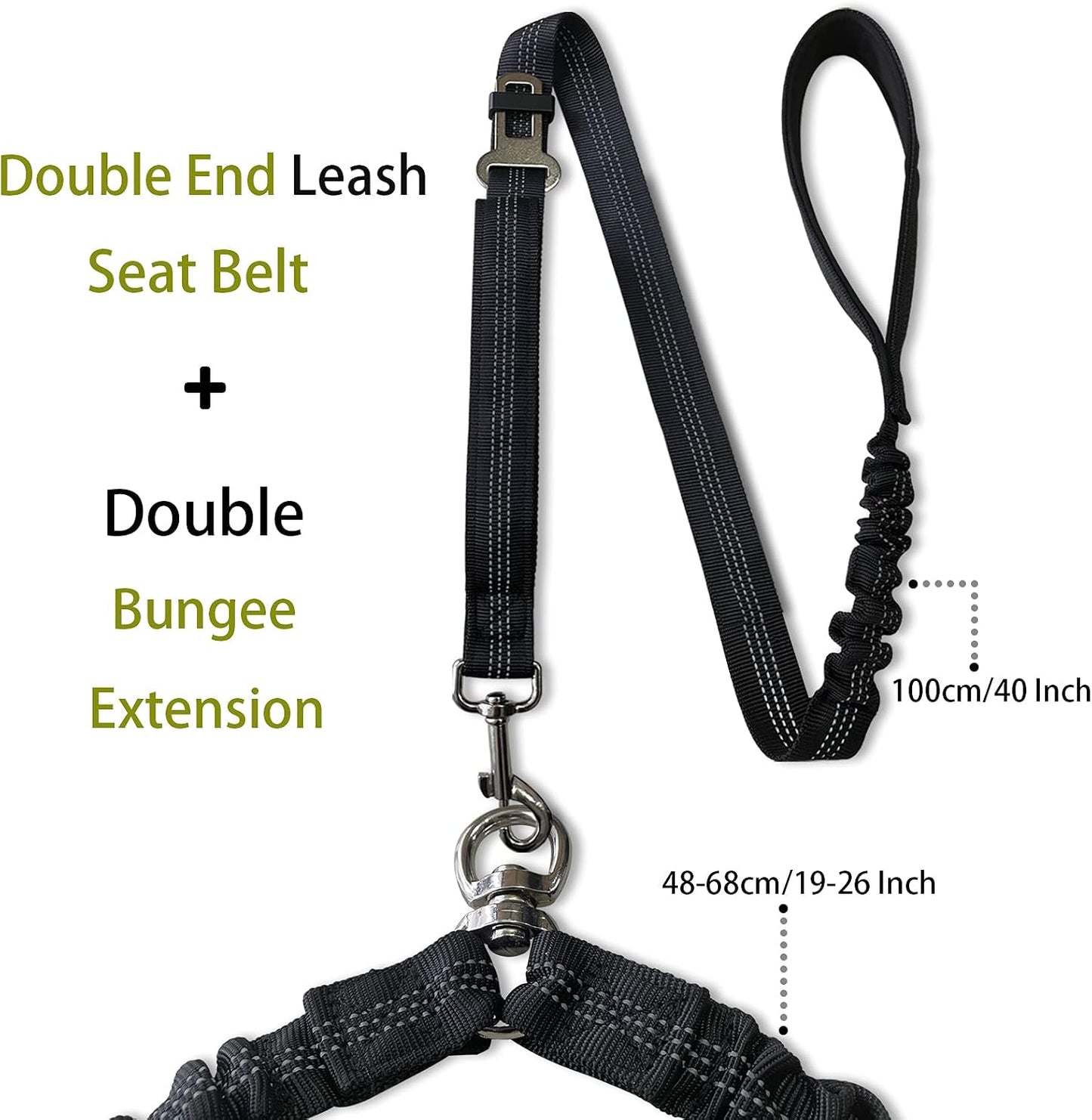360° No Tangle Double Dog Leash, 2-In-1 Bungee Seatbelt Leash | 360°Tangle Free Coupler, Dual Padded Handles, Shock Bungee Buffer,Adjustable Fits M & L Dogs for Walking & Car Travel